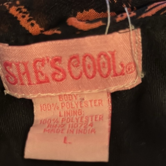 She’s Cool crossed top sleeveless orange black print semi sheer jumpsuit Sz L - Picture 4 of 5